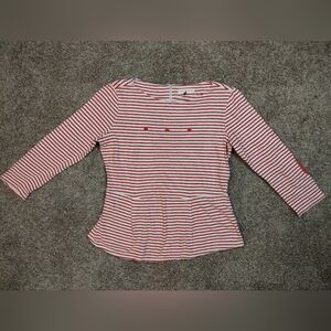 Rebecca Taylor Striped Peplum Blouse With Embroidered Flowers Medium